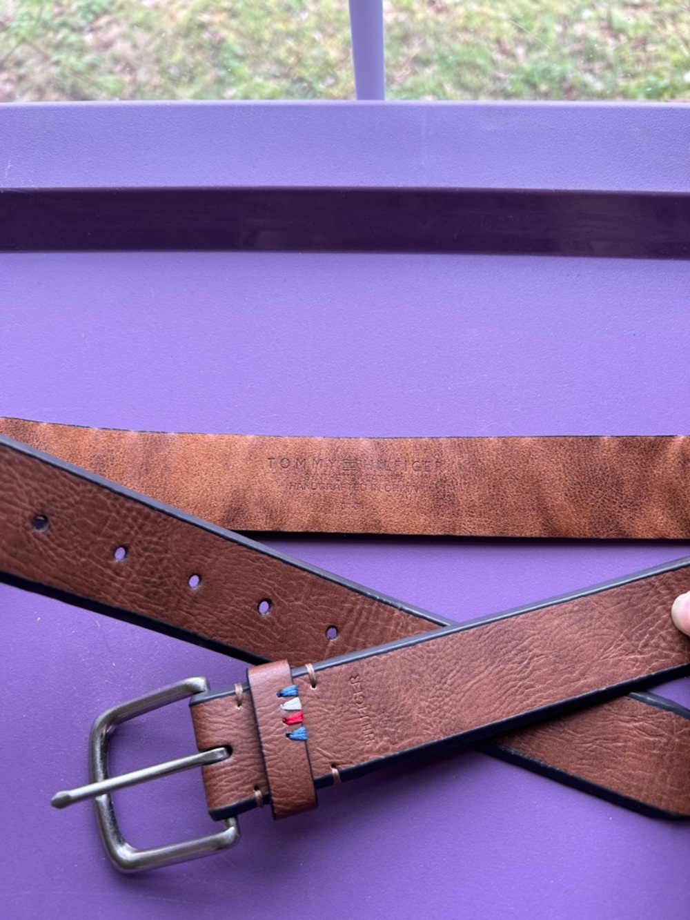 Tommy Hilfiger Brown Leather Men's Belt with Tricolor Stitching. Size medium